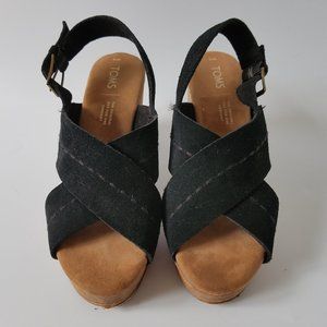 TOM'S Black Suede Leather Strappy Chunky Womens Heels Wedge Shoes Sz 6 **GUC**